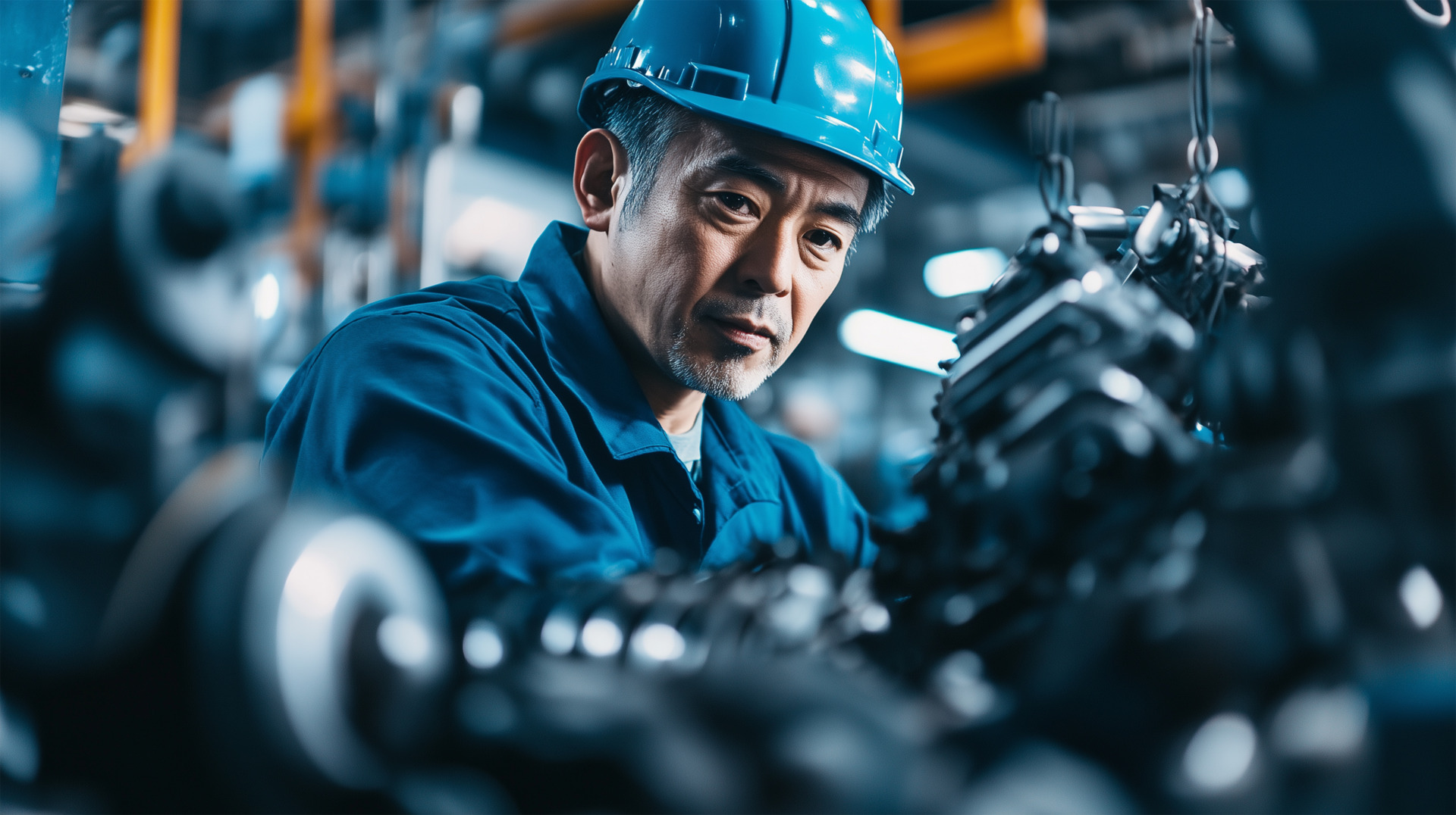 エンジンを組み立てる作業員